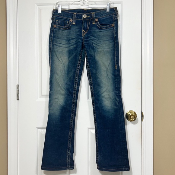 True Religion Women’s Lowrise Straight Leg Jeans Size 27 Dark Wash Distressed - Picture 1 of 10
